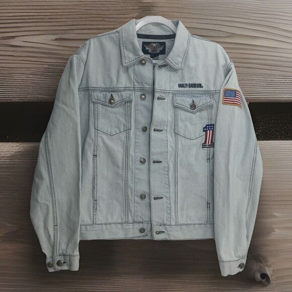 Harley Davidson An American Legend #1 Made USA Denim Jean Jacket Sz S Patches